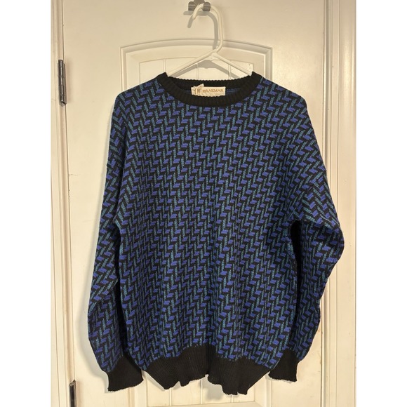Vintage Braemar 100% Wool Knit Sweater XL Geometric Black Purple Blue Pullover